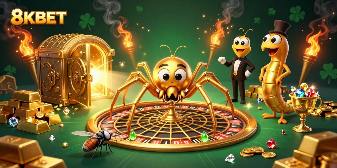 Betting with 8KBET in an immersive casino scene featuring a golden spider and thrilling elements.