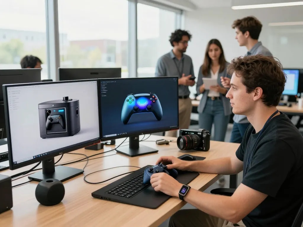 Showcasing the latest tech gadgets 2070 in a vibrant office environment with a tech reviewer testing devices.