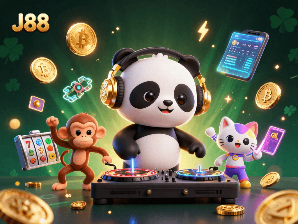 Join the casino excitement at J88 with a DJ panda, dancing monkey, and glow-stick kitten!