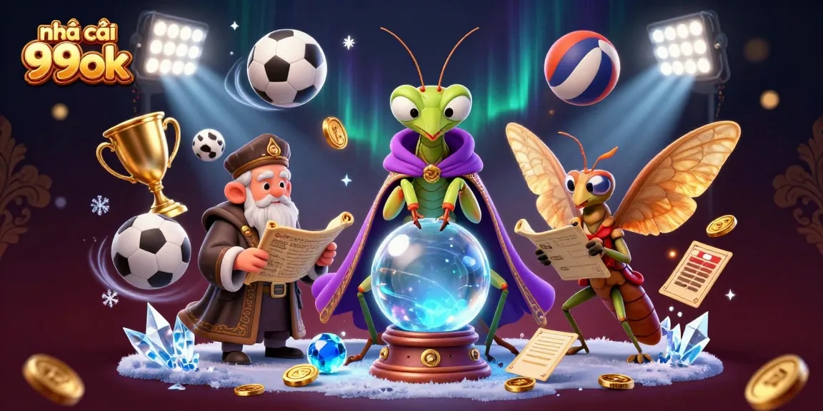 Engage with the mystical fortune teller at nhà cái 99ok surrounded by vibrant sports betting elements.