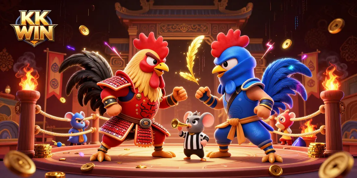 Exciting KK WIN standoff between twin cartoon roosters in samurai and ninja gear in a vibrant casino arena.