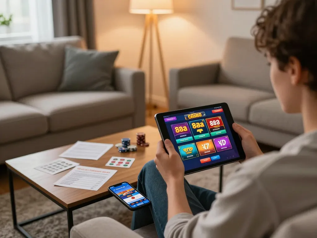 Person engaged in online gaming with the 88 aa casino display on a tablet, emphasizing relaxation and strategy.