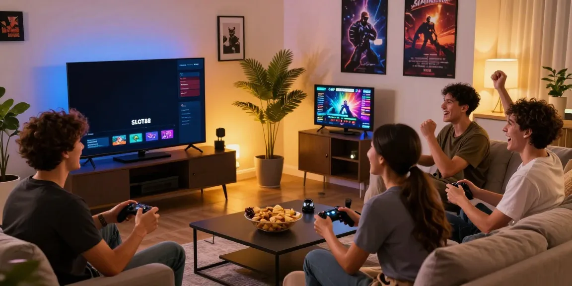 SLOT88 gaming environment with friends enjoying a dynamic gaming session and controllers in hand.