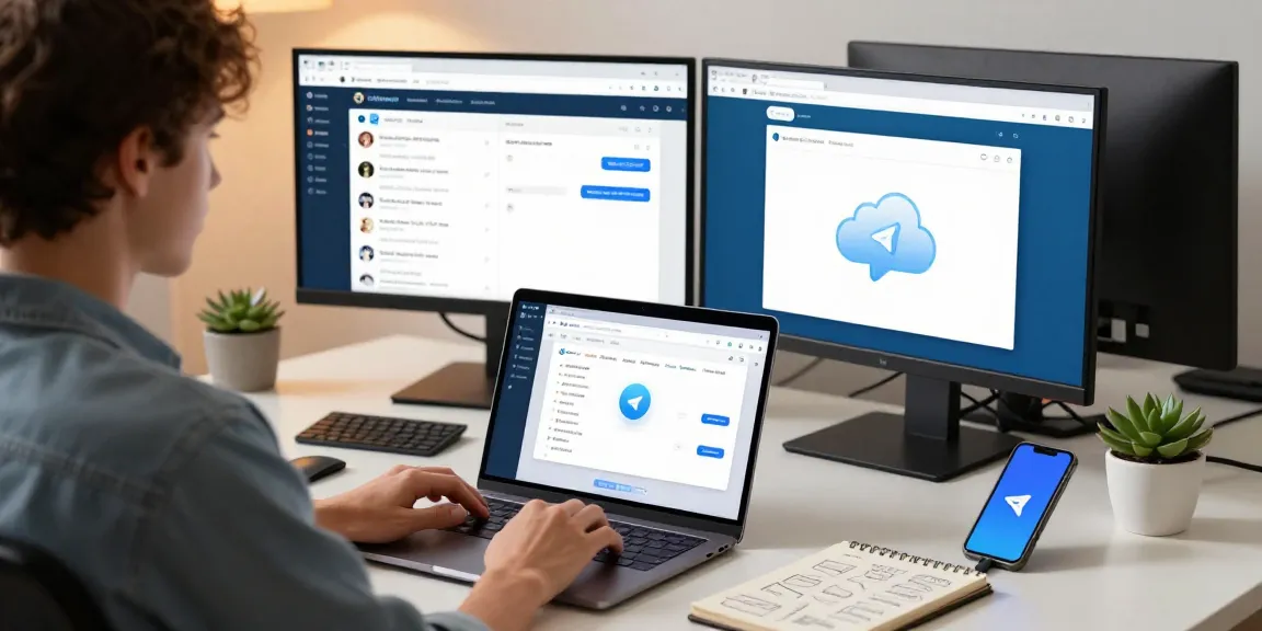 Accessing the Telegram web version on a modern laptop in an organized workspace.
