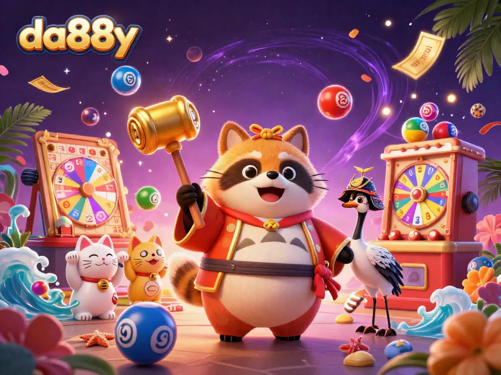 Win big at da88y with vibrant 3D cartoon characters playing bingo and lottery games in a festive scene.