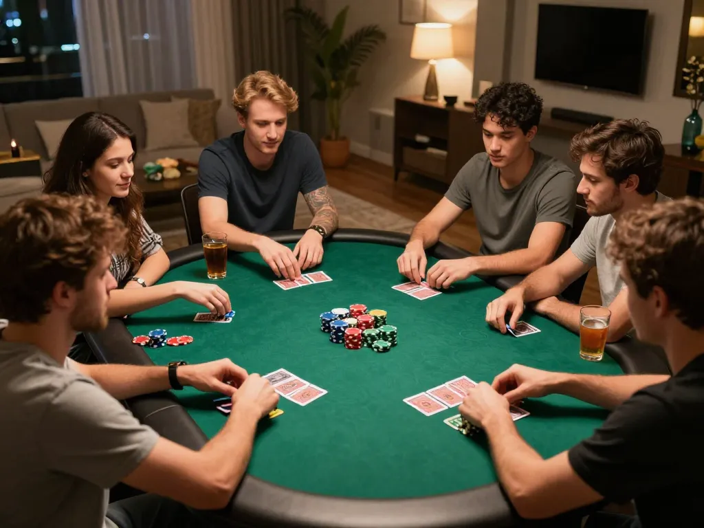 Friends enjoying a lively poker game at home, showcasing the strategic spirit of f168 in a social setting