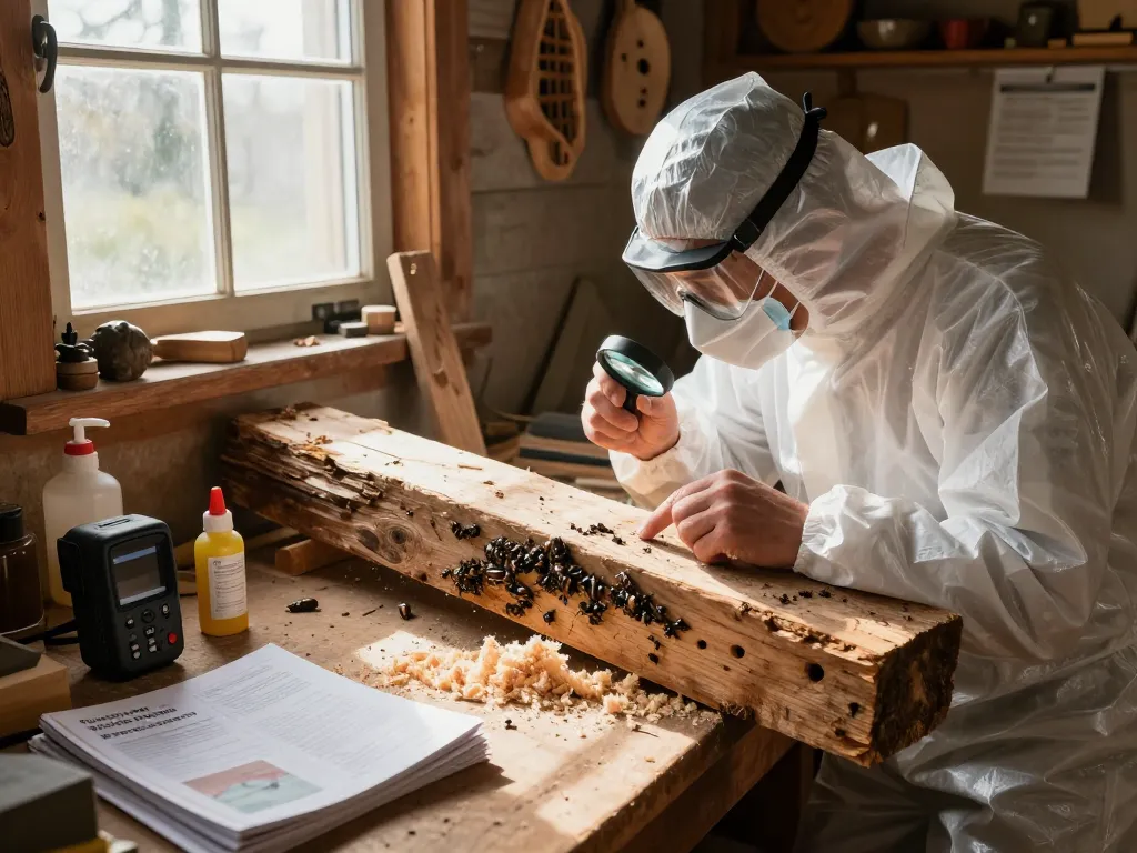 Eliminazione coleottero del legno: Esperto che ispeziona il legno per infestazione da coleotteri in un laboratorio rustico.