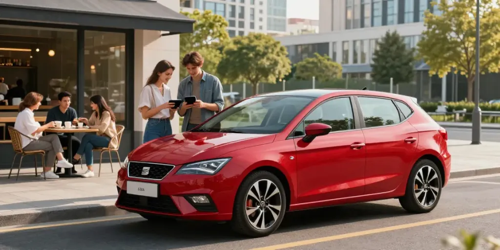 Noleggio lungo termine Seat Ibiza con coppia che discute opzioni di noleggio in un ambiente urbano moderno.