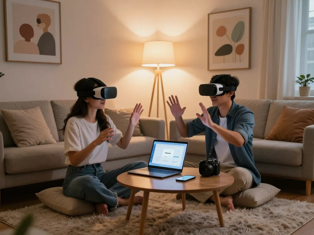 Engaged couple using AI sex technology in a cozy living room, showcasing modern virtual intimacy.