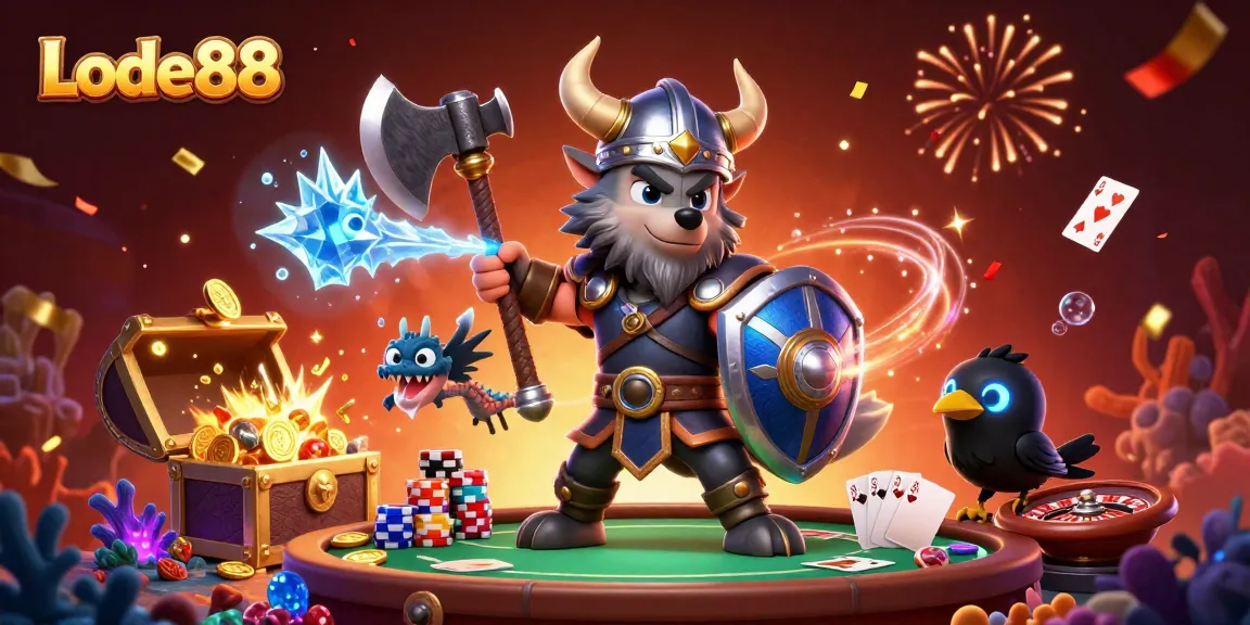 Join the exciting world of Lode88 with a Viking wolf warrior, dragon, and treasure!
