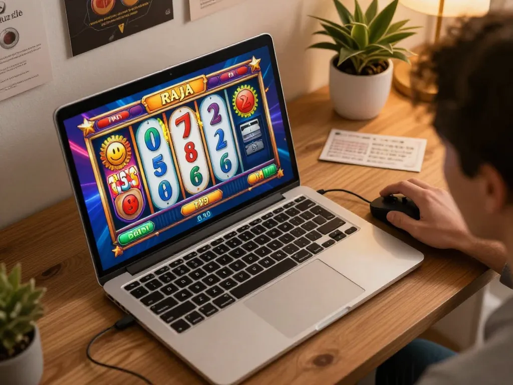 Player engaged in raja slot game on laptop, celebrating big wins at home while having fun.