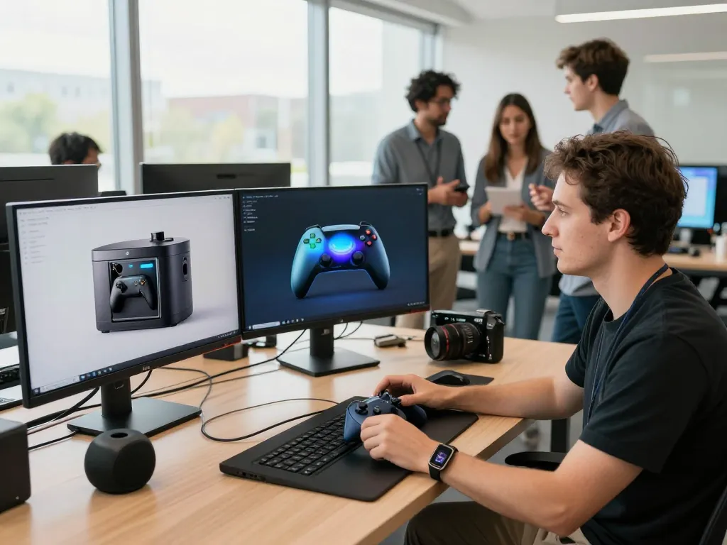 Showcasing the latest tech gadgets 2070 in a vibrant office environment with a tech reviewer testing devices.