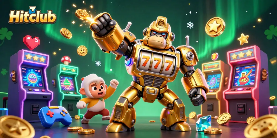 Hitclub introduces a thrilling 3D scene with a golden gorilla mech symbolizing the excitement of casino gaming.