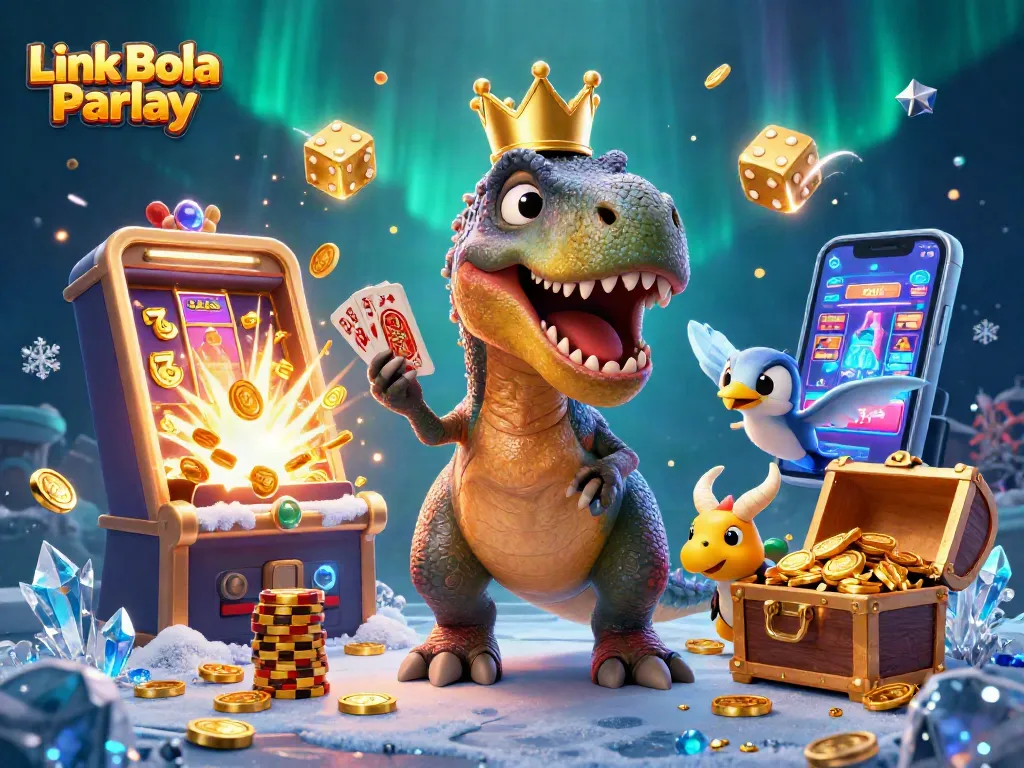 Engage with the excitement of Link Bola Parlay in this vibrant 3D illustration featuring a dinosaur-themed casino.
