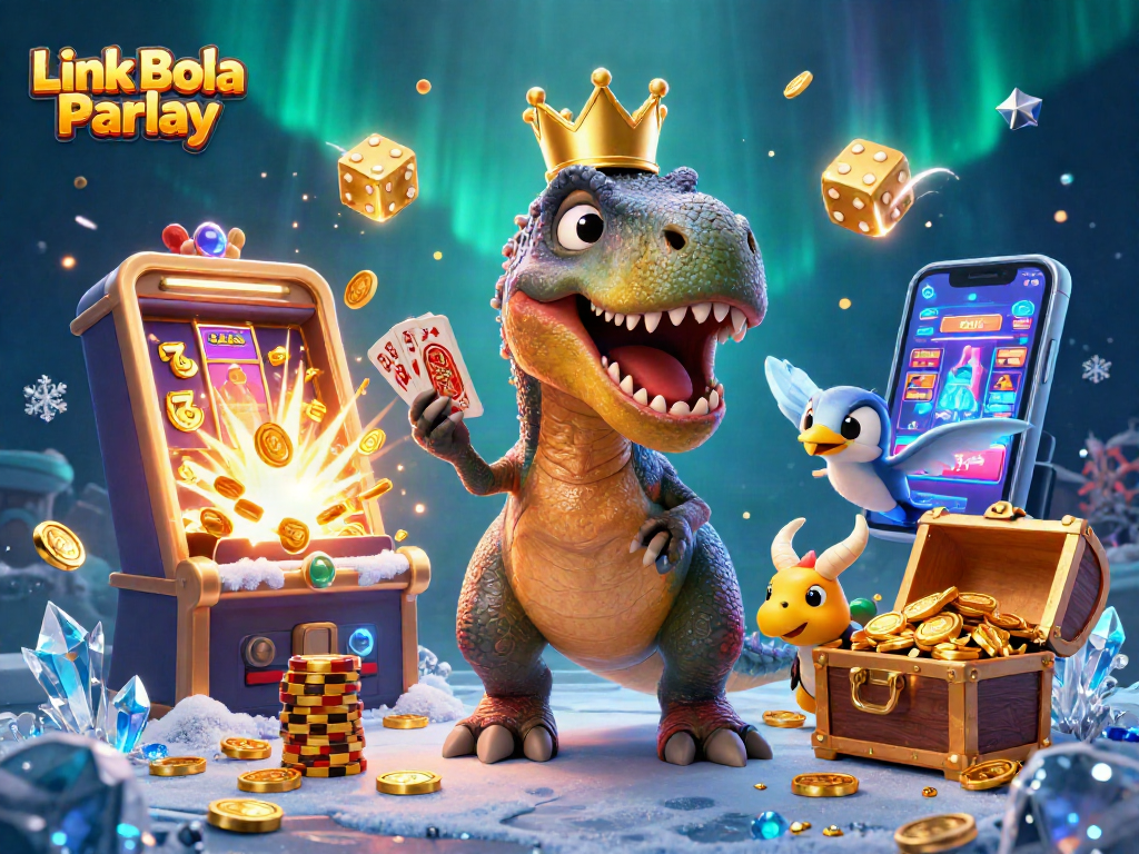 Engage with the excitement of Link Bola Parlay in this vibrant 3D illustration featuring a dinosaur-themed casino.