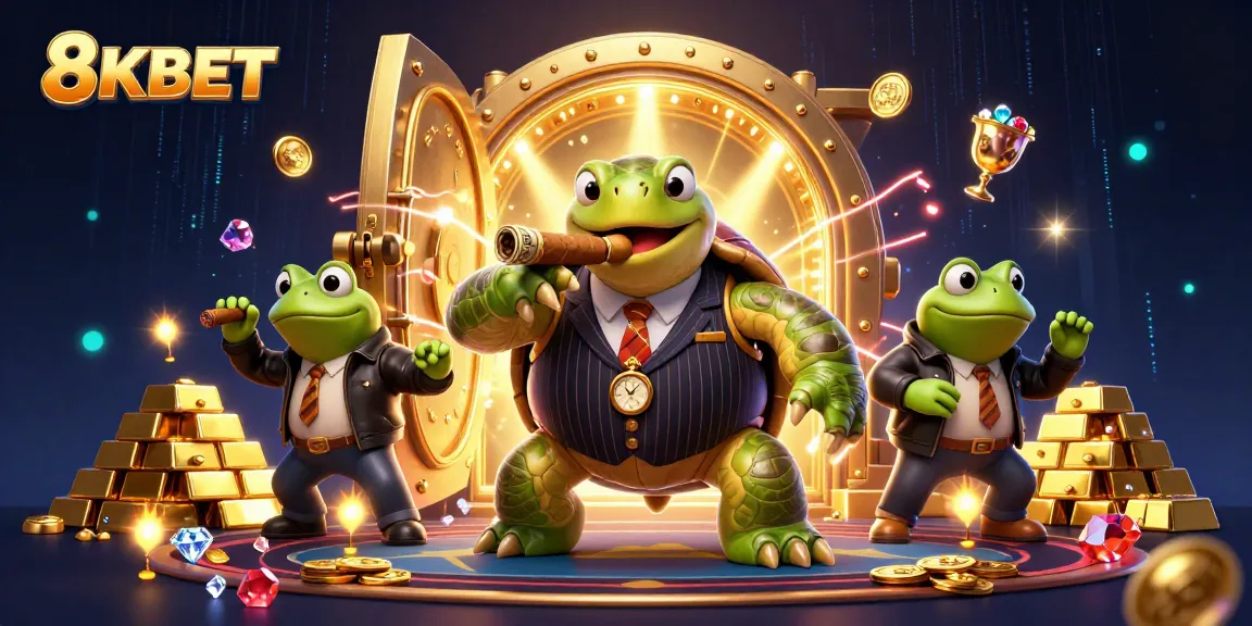 Bet on 8KBET with cartoon turtle mobster and bullfrog enforcers in a dynamic casino scene.