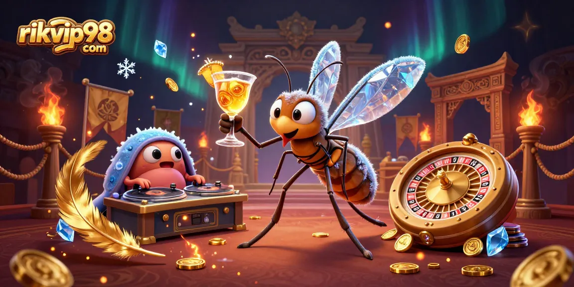 Experience thrilling games at rikvip98 com, featuring an animated casino mascot with a golden cocktail amid a festive digital scene.