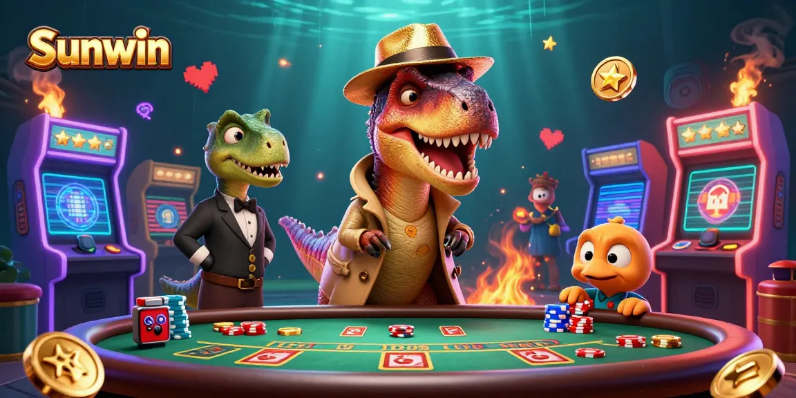 Sunwin players delight in a 3D cartoon illustration showing a velociraptor card counter at a casino table