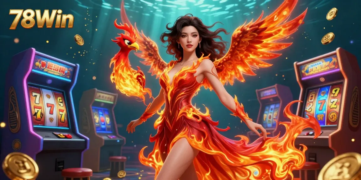 Experience the excitement with 78Win in this vibrant casino scene featuring gaming elements and a fire phoenix.