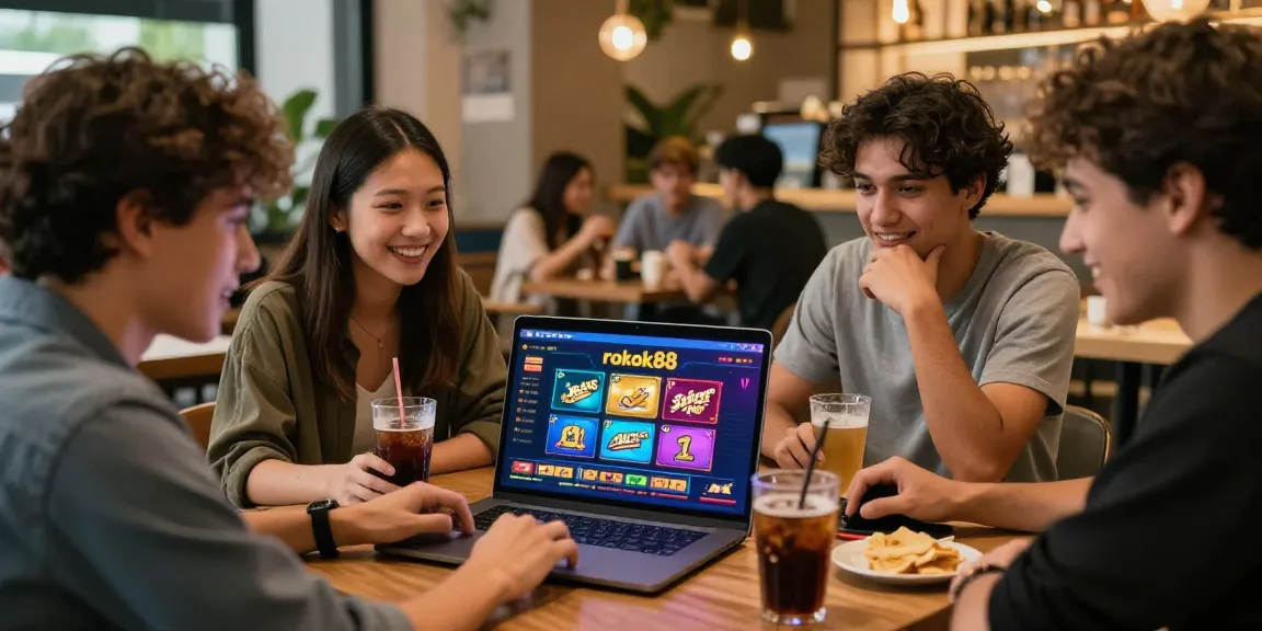 Group of friends engaging in a rokok88 daftar session at a café, showcasing excitement and camaraderie in online gambling.