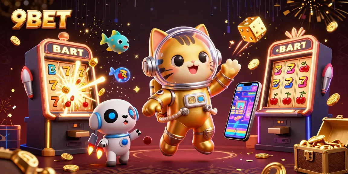 Experience thrilling jackpots at 9BET with a cat astronaut and dazzling casino elements.