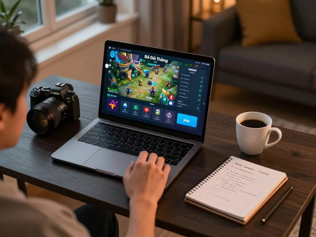 A player engaging in gamebaidoithuong activities on a laptop, focusing on strategies in a cozy home office.