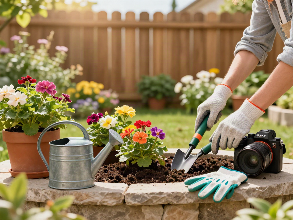 Attività di giardinaggio Bosch con strumenti professionali in un giardino fiorito, sole e atmosfera accogliente.
