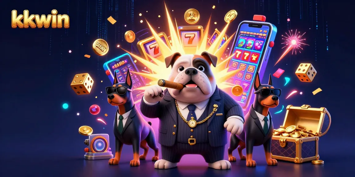 Experience thrilling gameplay at Kkwin with cartoon mafia characters amidst coins and gaming elements.