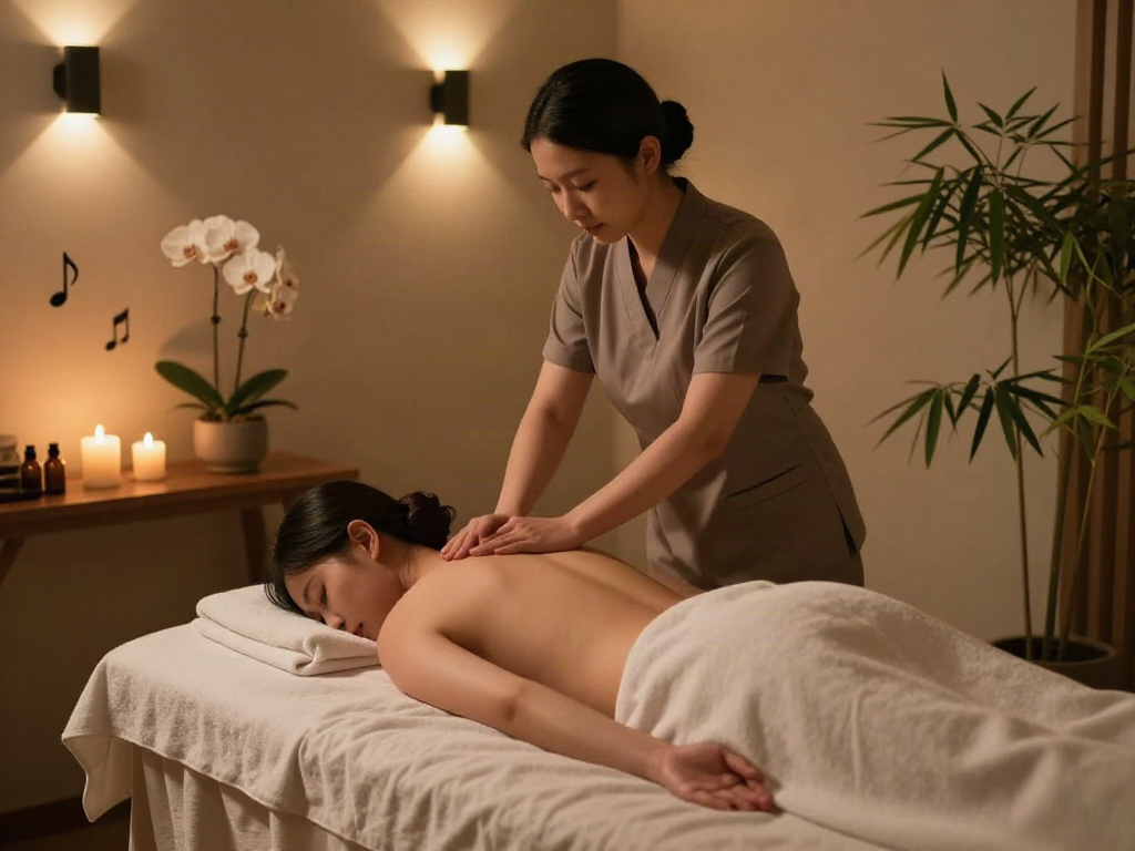 A tranquil 화곡동출장마사지 session in a soothing spa environment, highlighting a therapist and calming decor.