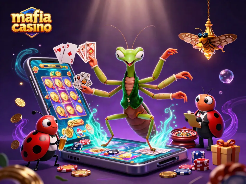 Mafia casino scene featuring a card sharp mantis and pit boss in a colorful casino setting.