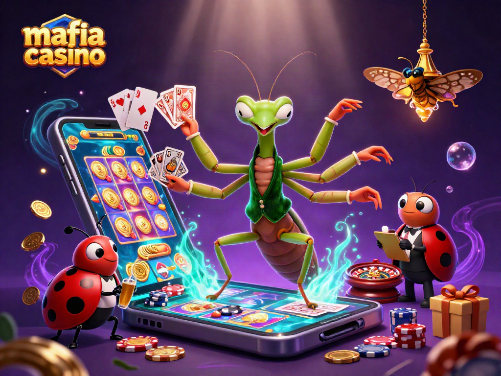 Mafia casino scene featuring a card sharp mantis and pit boss in a colorful casino setting.