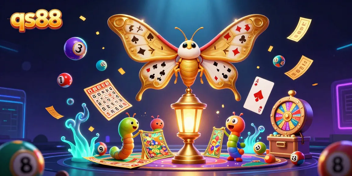 Experience thrilling casino adventures with qs88 in this vibrant 3D illustration featuring a majestic moth and exciting game elements.
