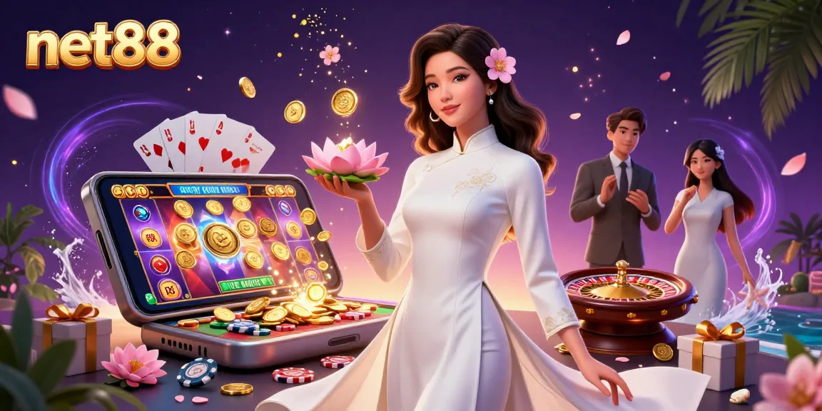 Win big at net88 with a 3D dynamic casino scene showcasing vibrant slot games and rich rewards.