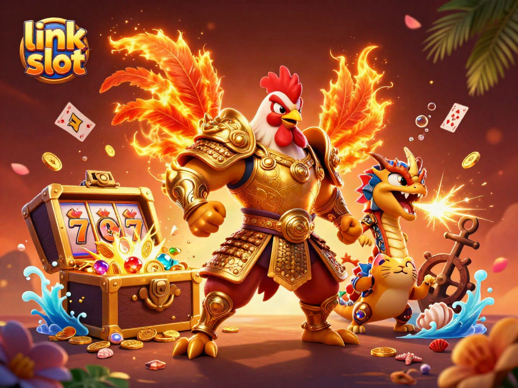 Spin the link slot reels with a powerful cartoon rooster and dragon in a treasure-filled scene.
