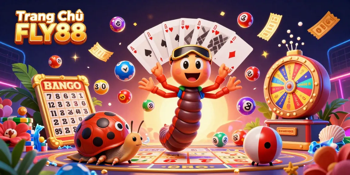 Engaging illustration showcasing Trang Chủ FLY88's lively casino experience with vibrant games and characters.