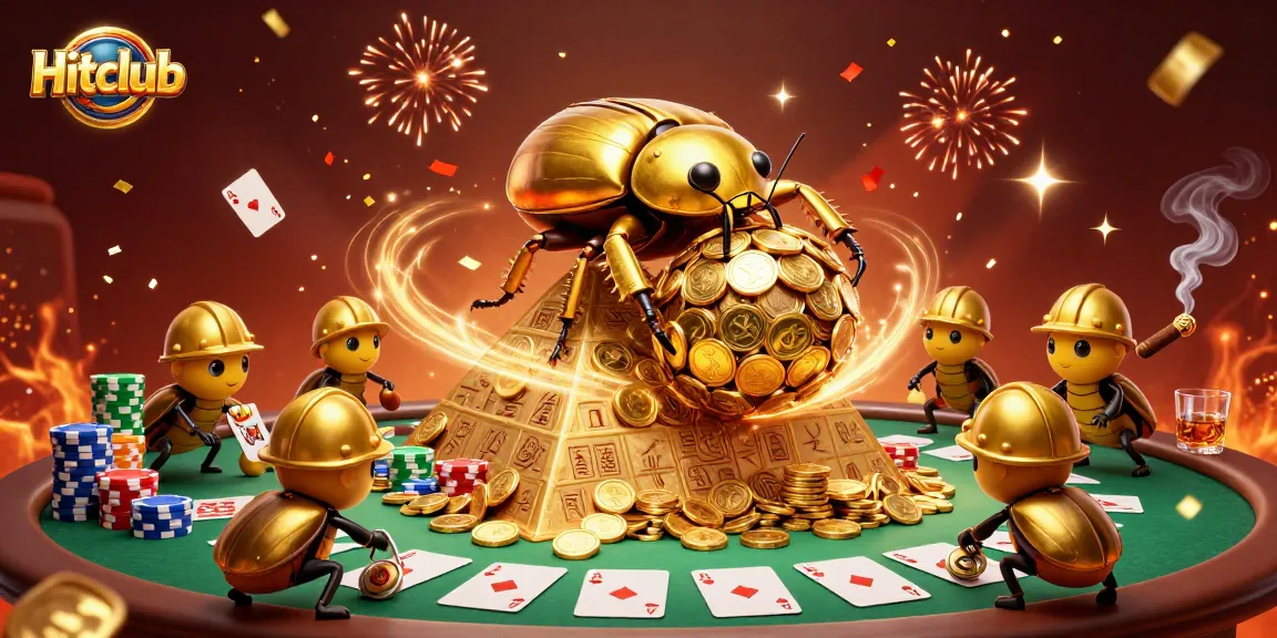 Hitclub's golden dung beetle rolls riches in a vibrant casino scene filled with excitement and poker action.