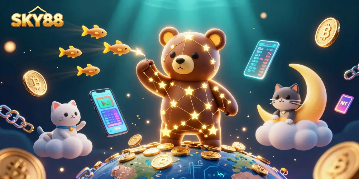 Engage with SKY88 as the constellation bear scoops coins from Earth, symbolizing thrilling gaming!