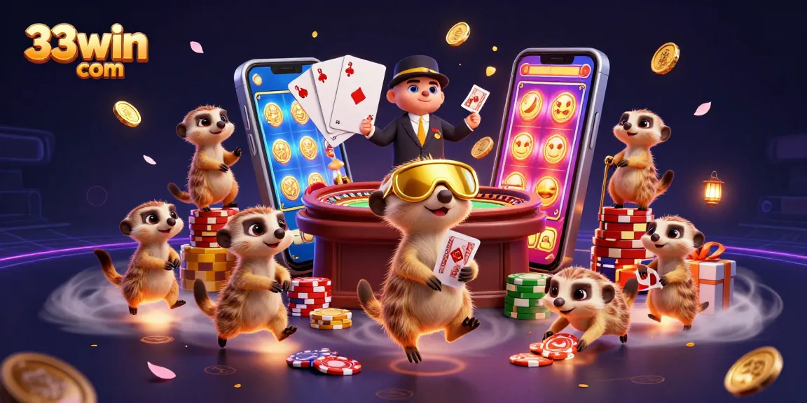 Experience thrilling gaming action at 33win com with dynamic meerkats running a vibrant casino.