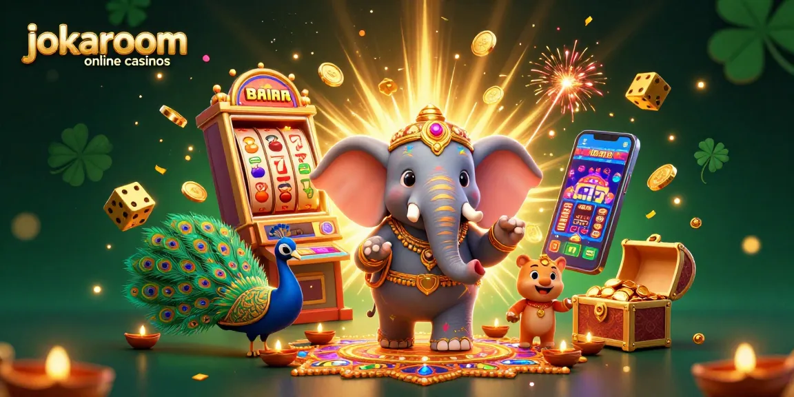 Experience the excitement of jokaroom online casinos with a vibrant 3D casino scene featuring an elephant and a peacock.